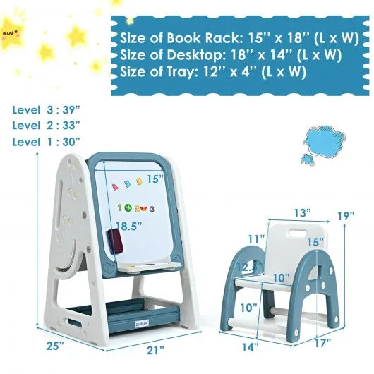 2 in 1 Kids Easel Desk Chair Set Book Rack Adjustable Art Painting Board-Blue