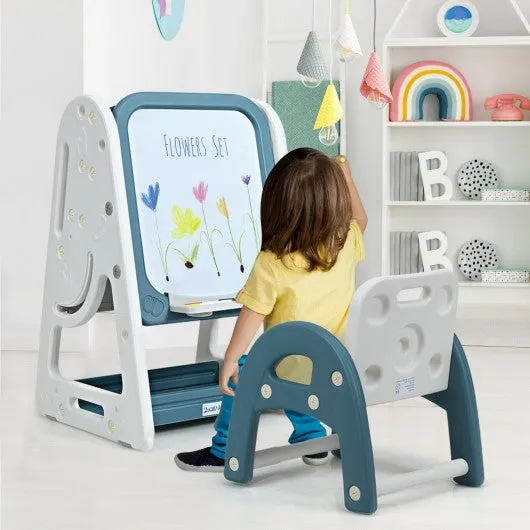 2 in 1 Kids Easel Desk Chair Set Book Rack Adjustable Art Painting Board-Blue