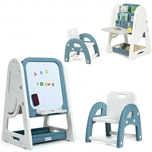 2 in 1 Kids Easel Desk Chair Set Book Rack Adjustable Art Painting Board-Blue