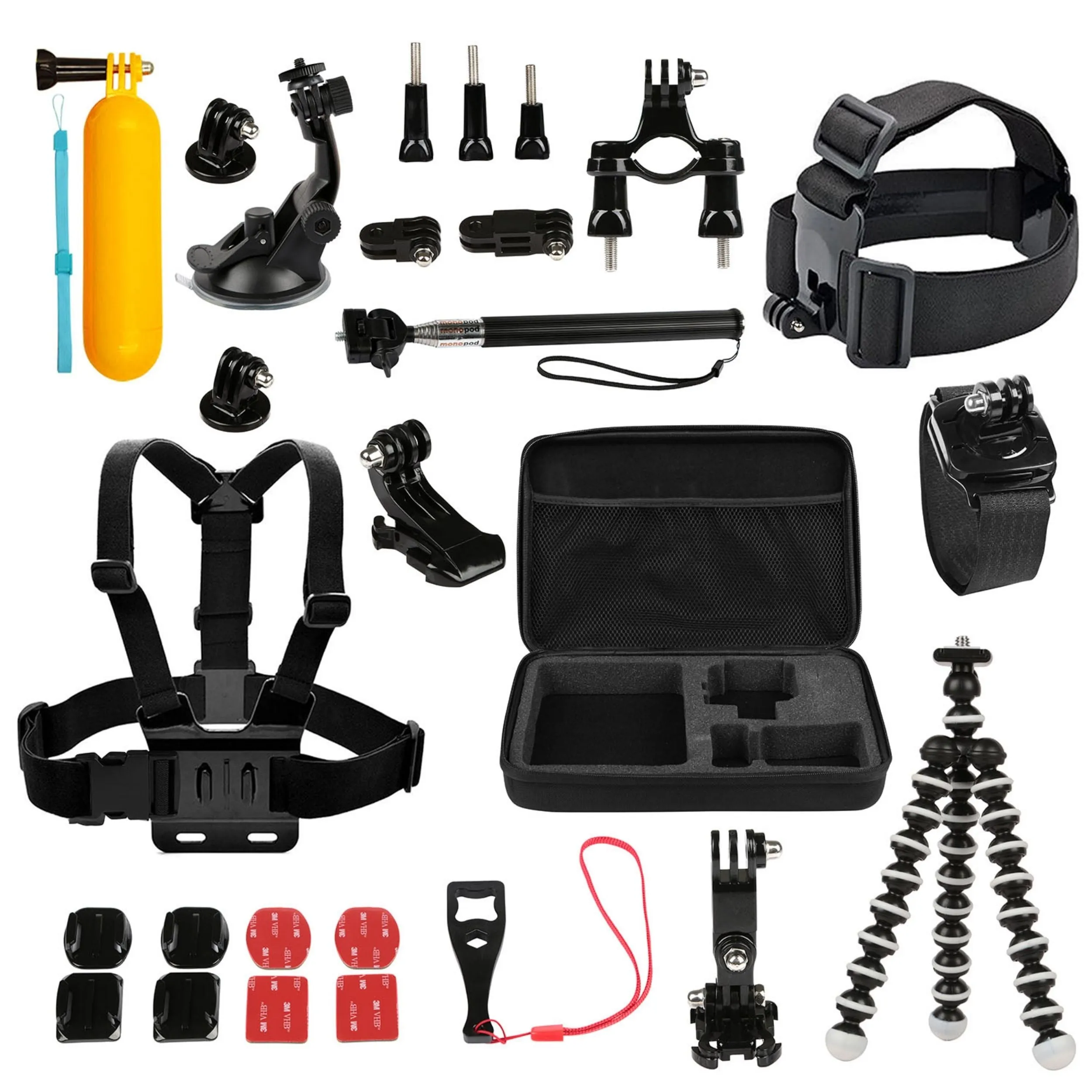 26-in-1 GoPro Accessory Kit for Hero 5/4/3 /3/2/1 Cameras - Outdoor Sports Action Kit w/ Chest Strap, Selfie Stick, Floating Hand Grip - Black