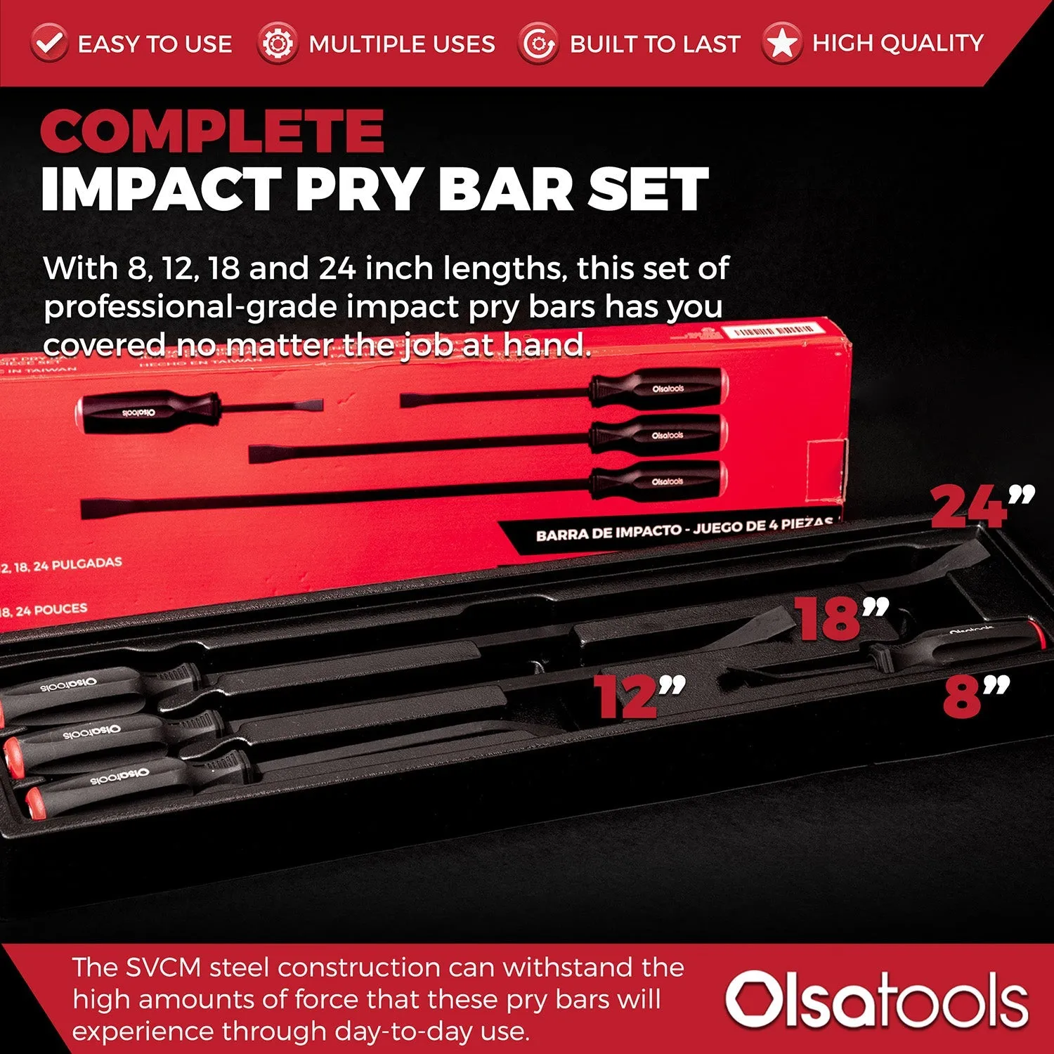 4pc Impact Pry Bar, Ergonomic Handles | Heavy Duty 8, 12, 18 and 24 Inch