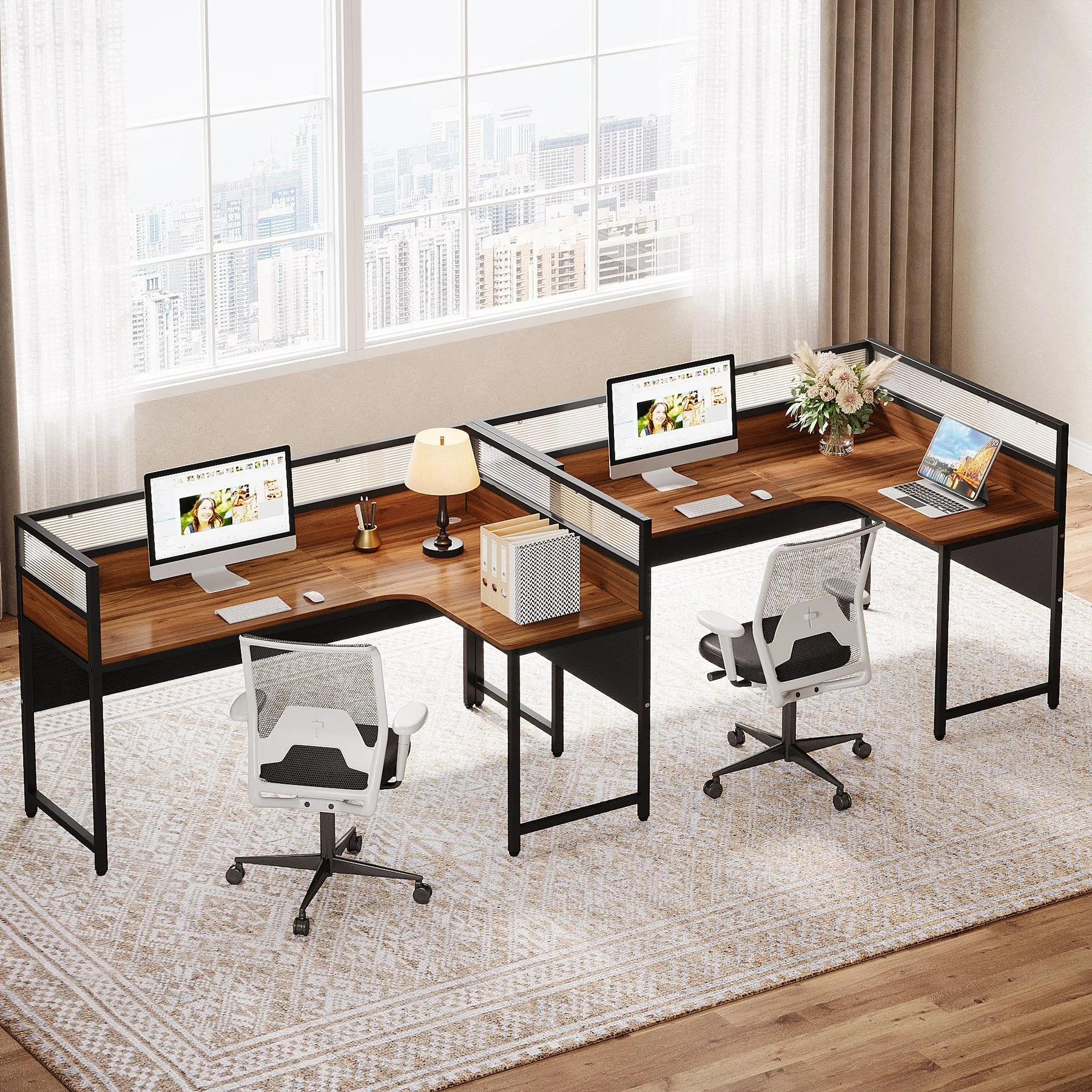 55" L-Shaped Computer Desk, Executive Desk Corner Office Desk with Baffle Plate