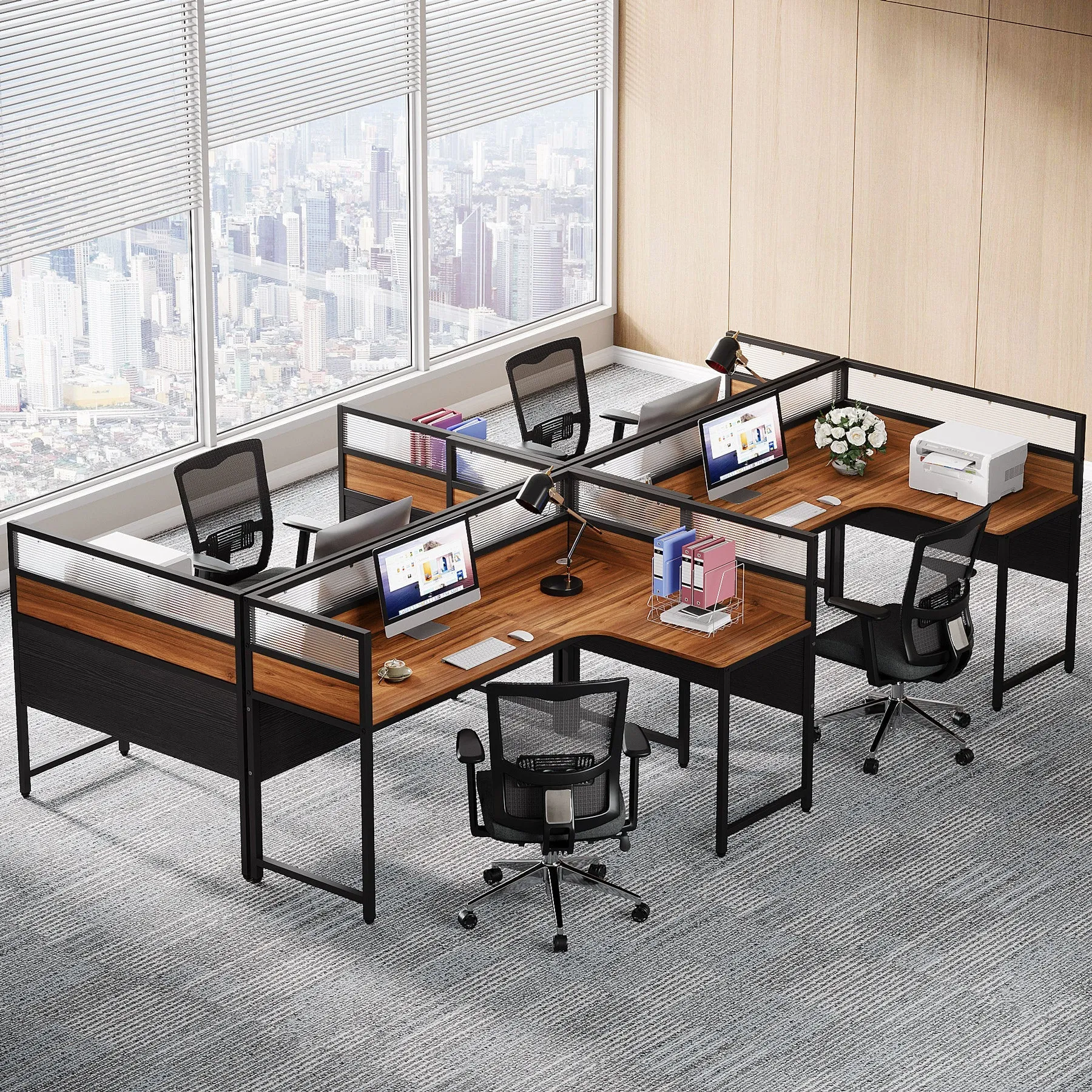 55" L-Shaped Computer Desk, Executive Desk Corner Office Desk with Baffle Plate