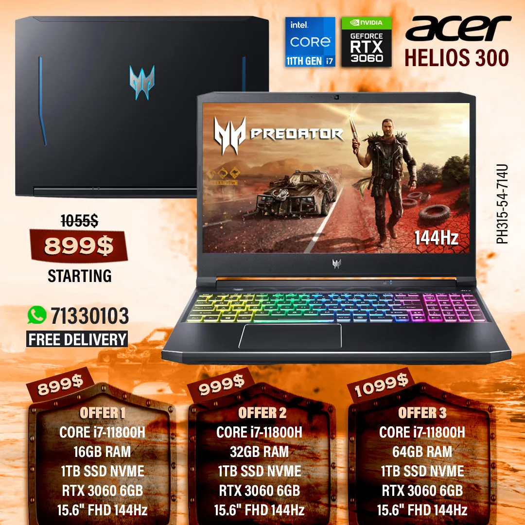 Acer Predator Helios 300 PH315-54-714U Core i7-11800h Rtx 3060 144hz 15.6" Gaming Laptops (New OB)