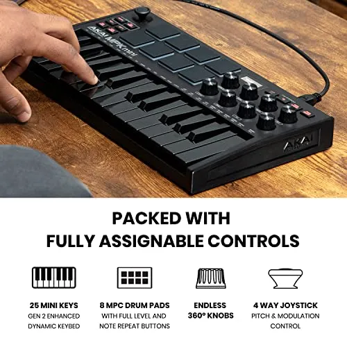 AKAI Professional MPK Mini MK3 - 25 Key USB MIDI Keyboard Controller With 8 Backlit Drum Pads, 8 Knobs and Music Production Software included, Black