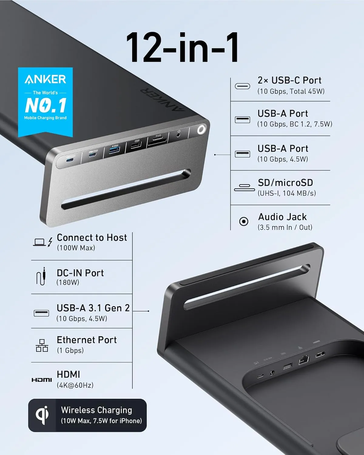 Anker 675 USB-C Docking Station 12-in-1 Monitor Stand Wireless | A83772Z1