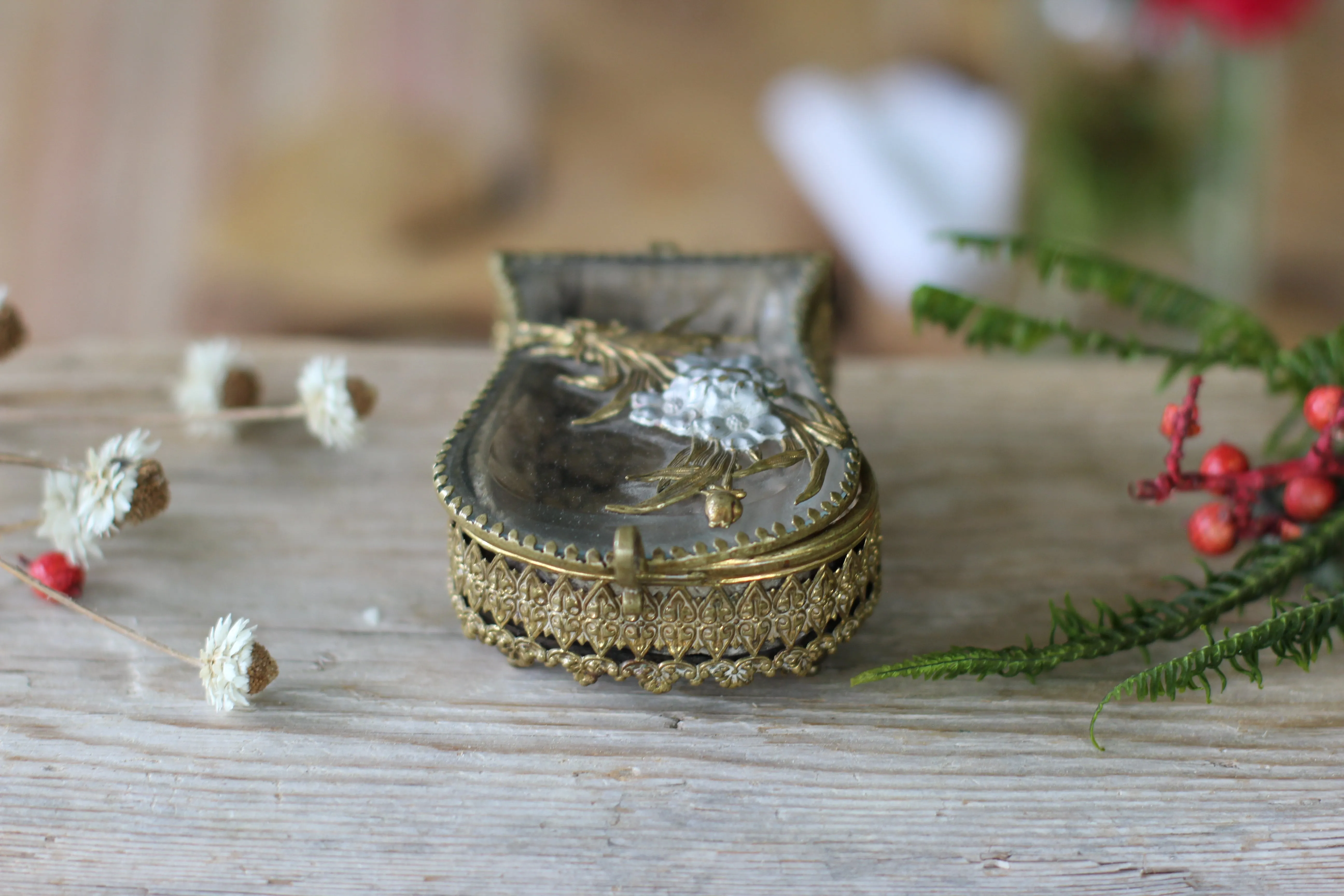 Antique French Victorian Floral Small jewelry Box