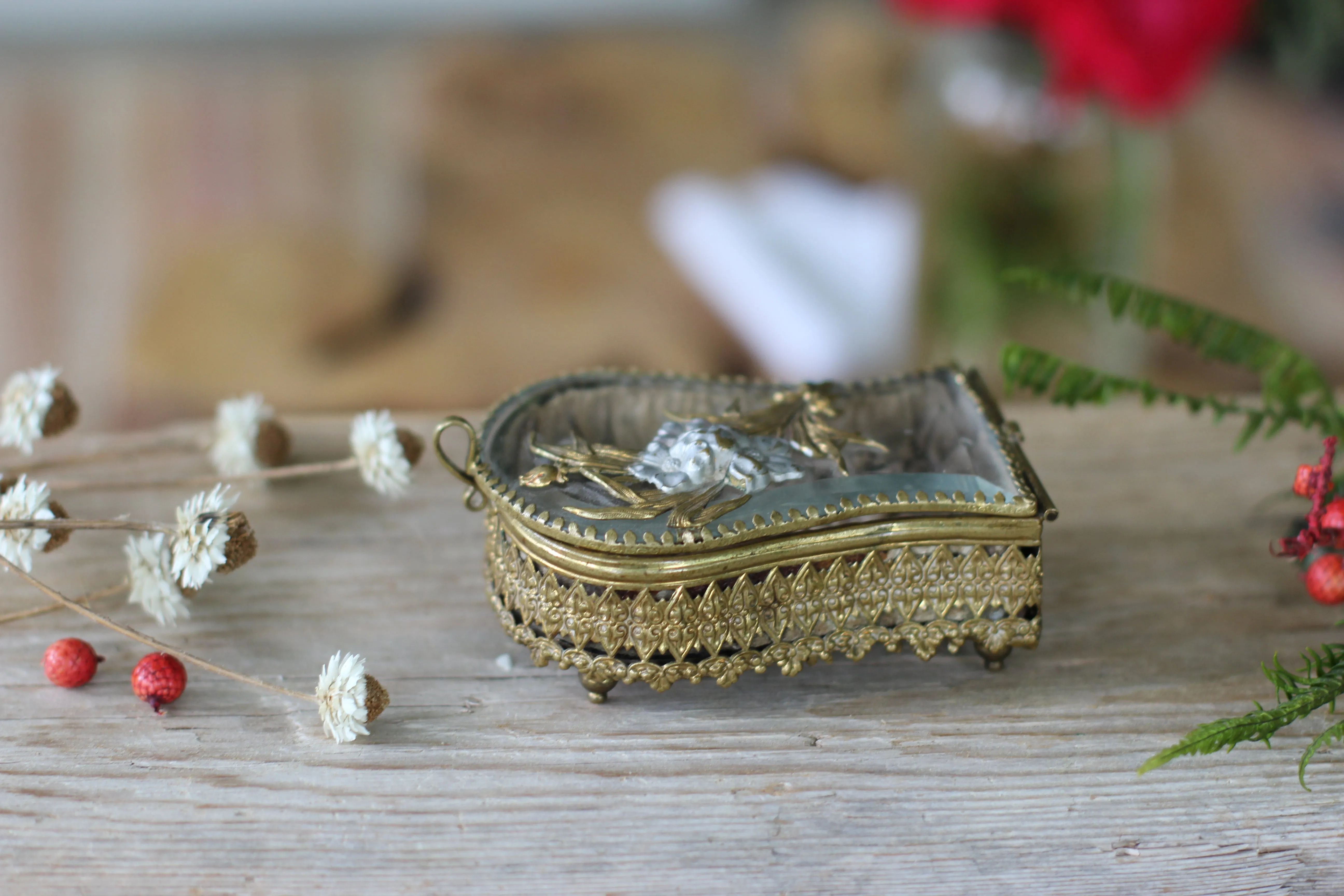 Antique French Victorian Floral Small jewelry Box