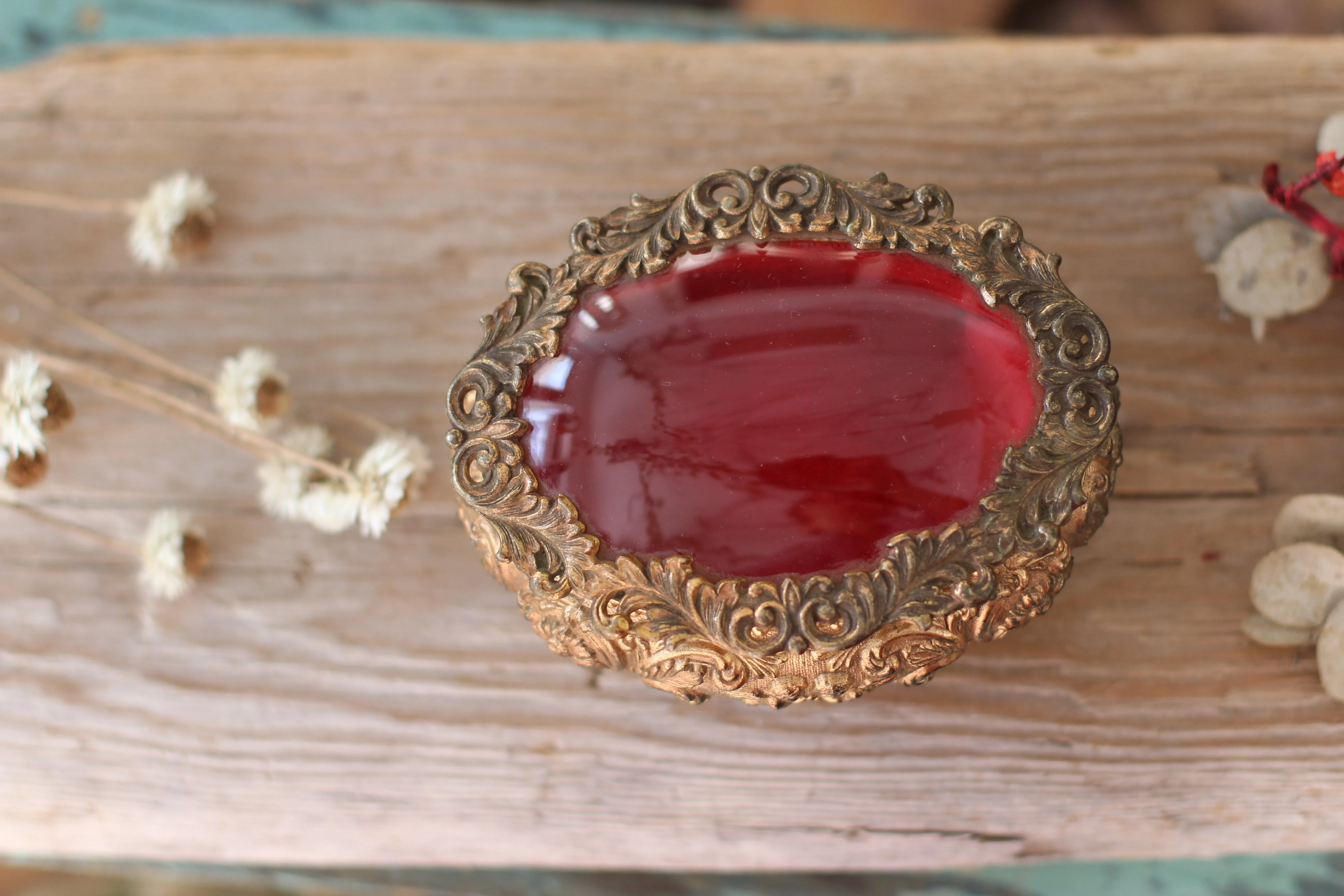 Antique Oval Bronze Glass Jewelry Box