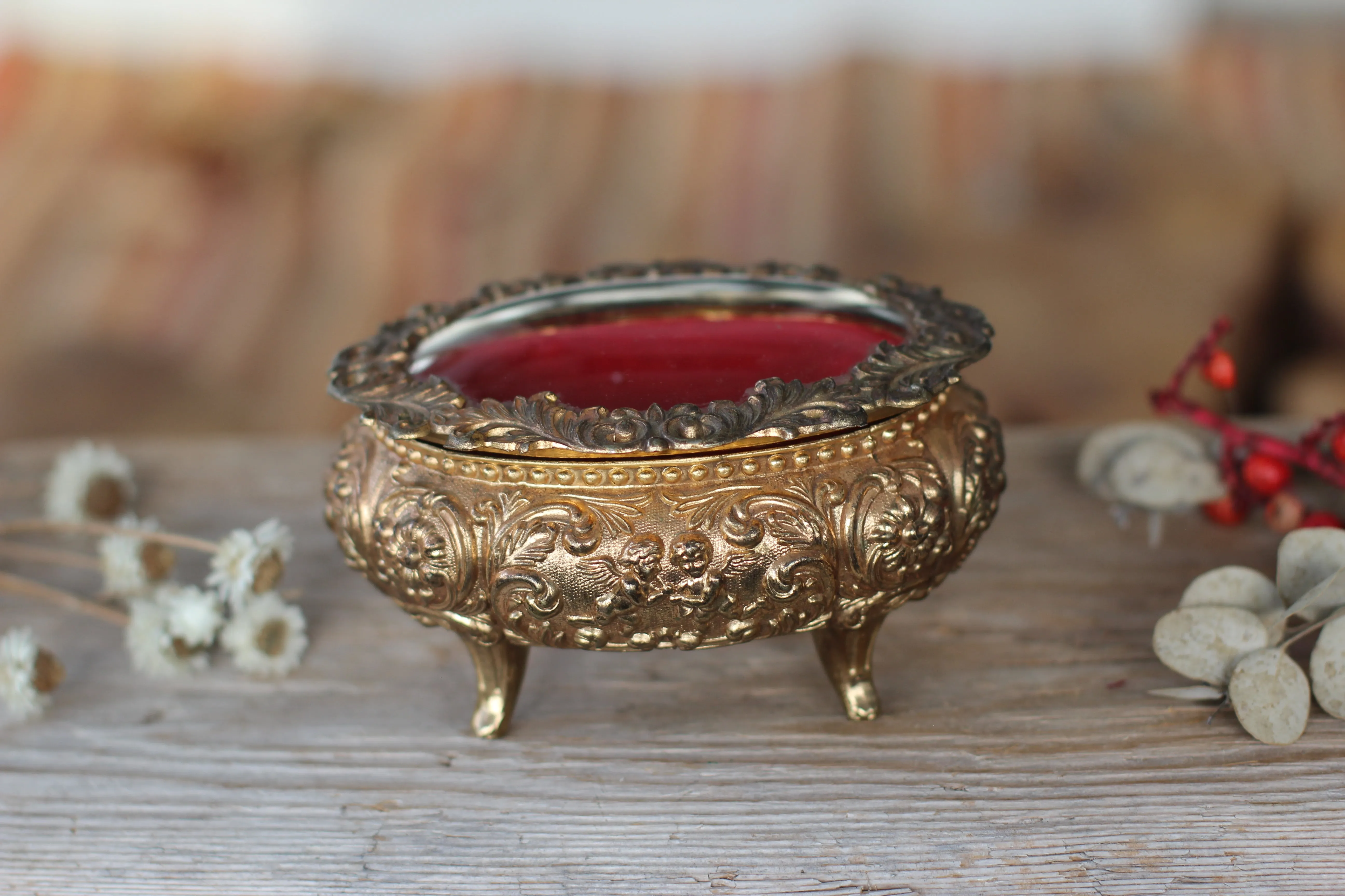 Antique Oval Bronze Glass Jewelry Box