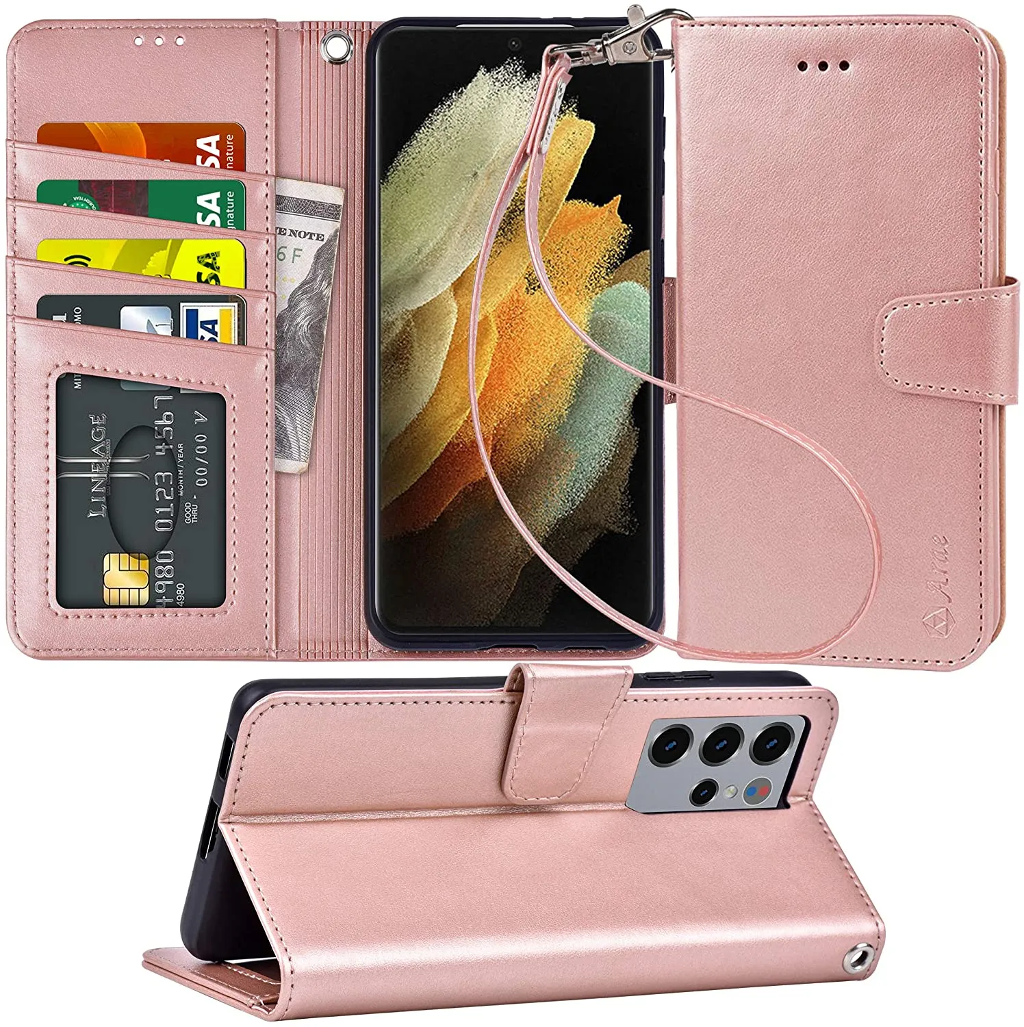 Arae Case for Samsung Galaxy S21 Ultra Wallet Case Flip Cover with Card Holder and Wrist Strap for Samsung Galaxy S21 Ultra, 6.8 inch