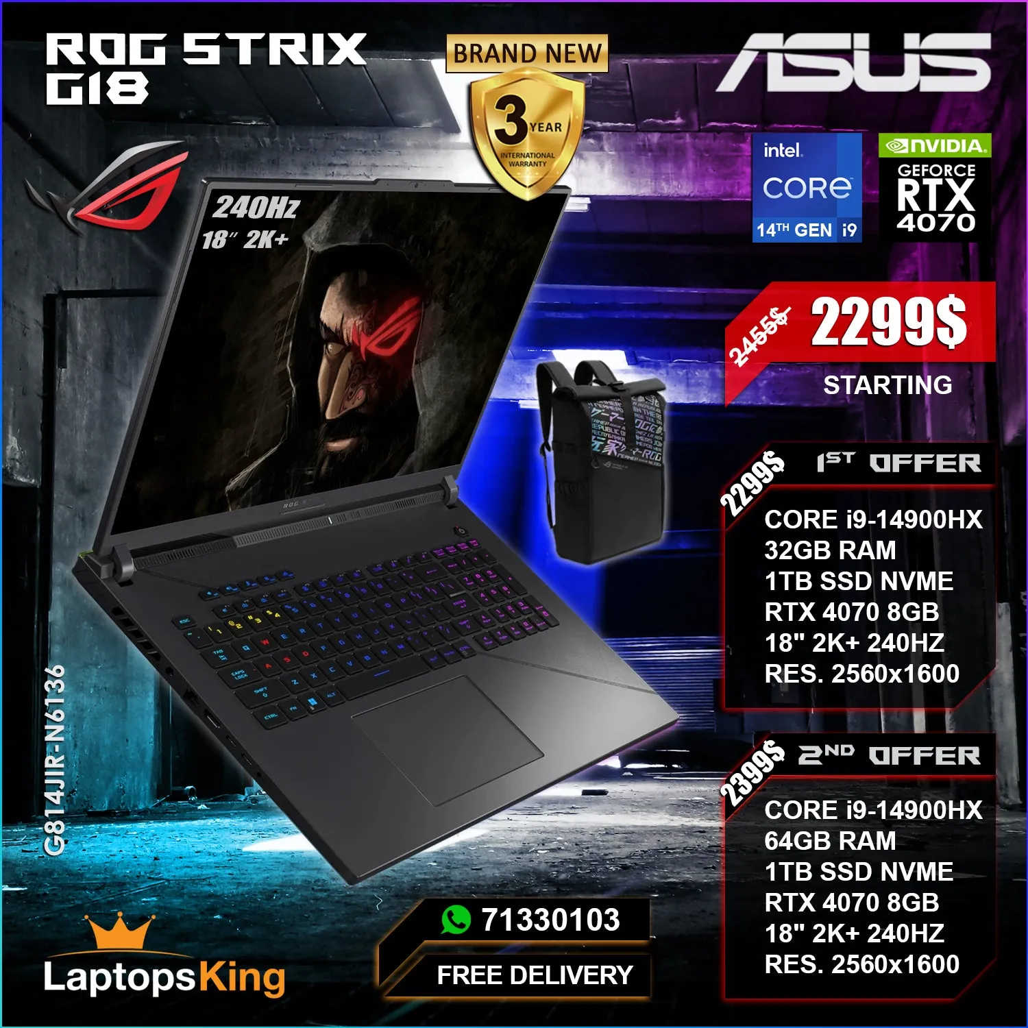 Asus Rog Strix G18 G814JIR-N6136 Core i9-14900hx Rtx 4070 240hz 18" 2k  Gaming Laptops (Brand New)