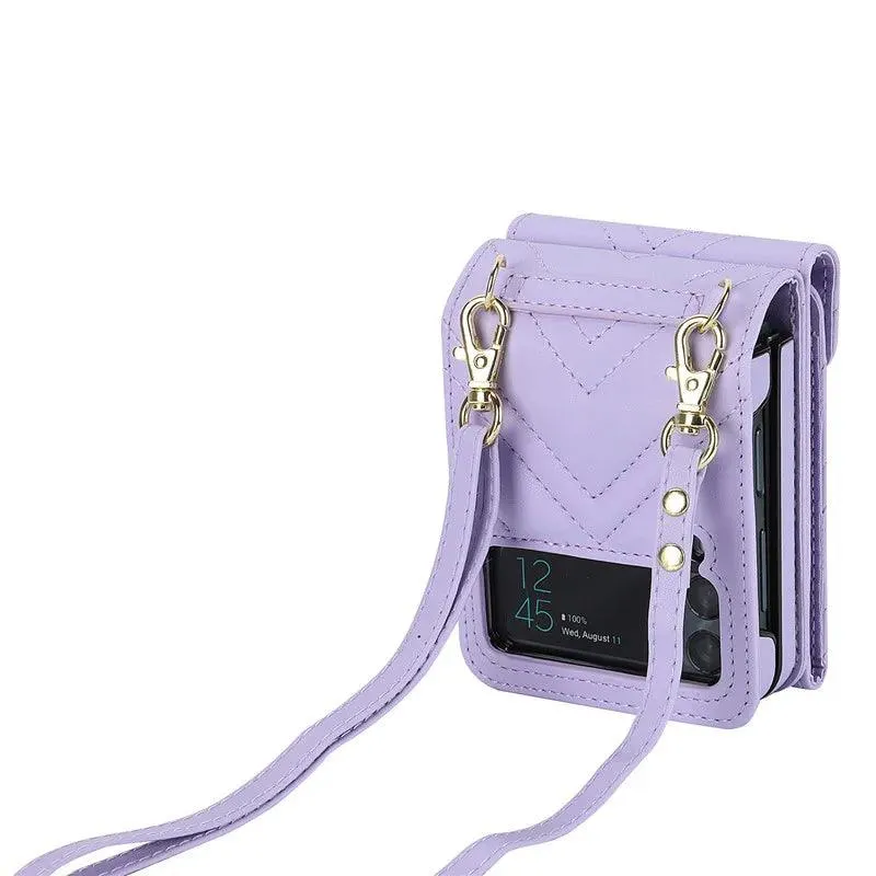 BCPC947 Cute Phone Cases for Galaxy Z Flip 5, Galaxy Z Flip 4, and Galaxy Z Flip 3 - Luxury Crossbody Leather Wallet Cover