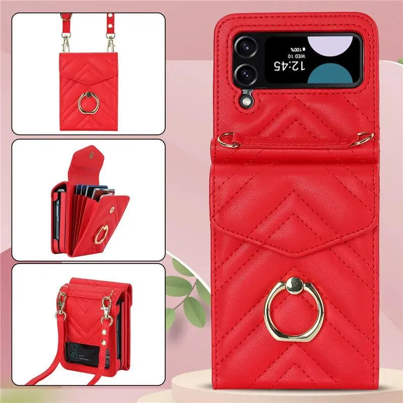 BCPC947 Cute Phone Cases for Galaxy Z Flip 5, Galaxy Z Flip 4, and Galaxy Z Flip 3 - Luxury Crossbody Leather Wallet Cover