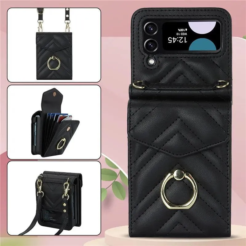 BCPC947 Cute Phone Cases for Galaxy Z Flip 5, Galaxy Z Flip 4, and Galaxy Z Flip 3 - Luxury Crossbody Leather Wallet Cover