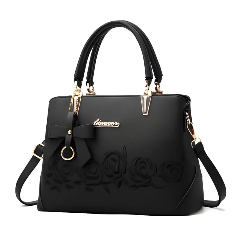 Black Leather Floral Designer Shoulderbag with Gold Hardware