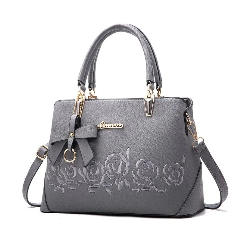 Black Leather Floral Designer Shoulderbag with Gold Hardware