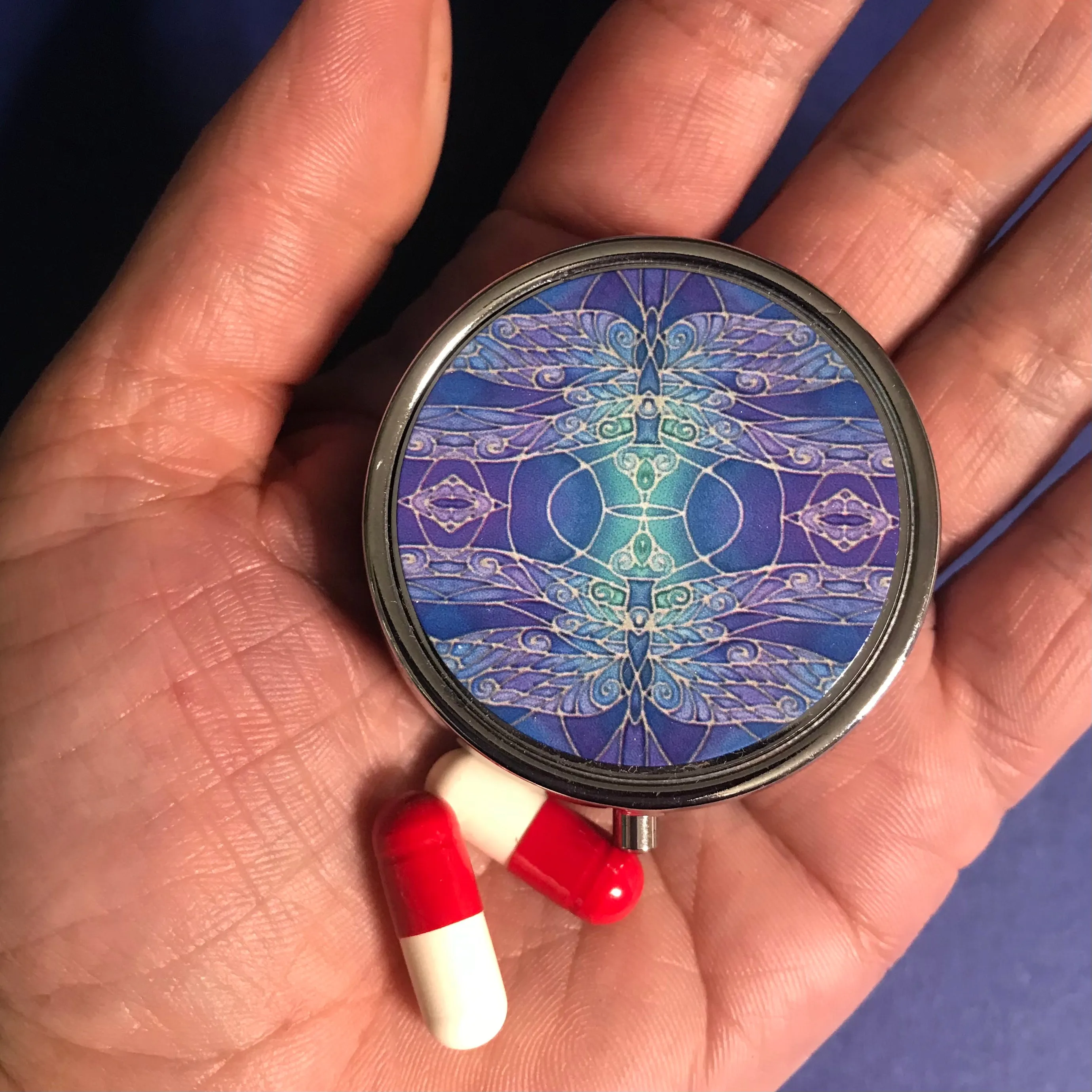 Blue Dragonflies Pill Box - Pretty Art Nouveau Style Blue Round Box - Stud Earing Jewellery Box