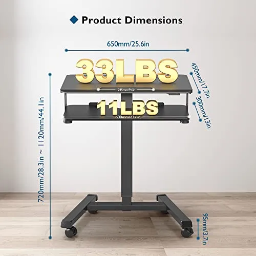 BONTEC Mobile Standing Desk with Keyboard Tray, Mobile Podium, Computer Workstation Up to 33Lbs, Laptop Sit or Stand Desk on Wheels, Height Adjustable Stand Up Table for Living Room, Bedroom, Office