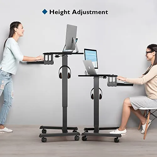 BONTEC Mobile Standing Desk with Keyboard Tray, Mobile Podium, Computer Workstation Up to 33Lbs, Laptop Sit or Stand Desk on Wheels, Height Adjustable Stand Up Table for Living Room, Bedroom, Office