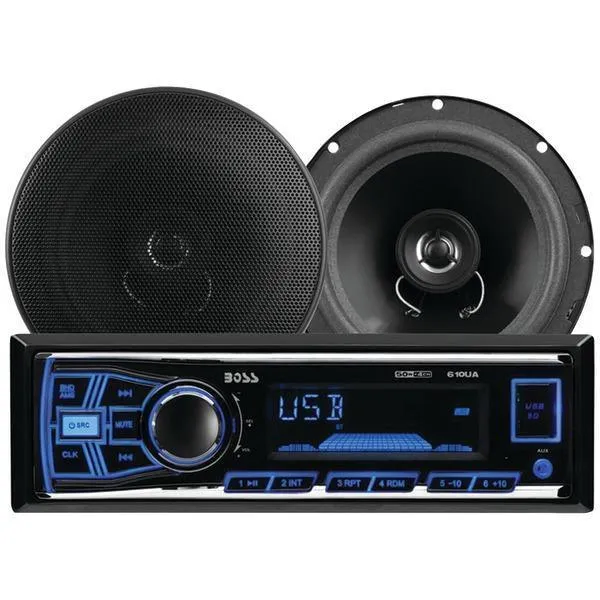 BOSS Audio Systems 636CK Single-DIN In-Dash Mechless AM-FM Receiver System with Speakers