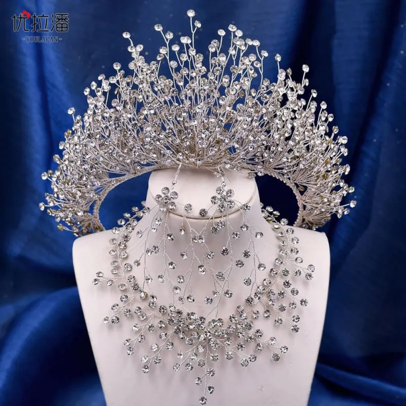 Bridal Headdress Crown Set with Colored Diamond Necklace and Earrings