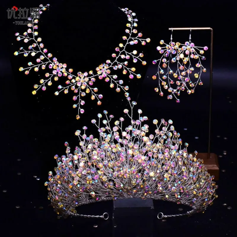 Bridal Headdress Crown Set with Colored Diamond Necklace and Earrings