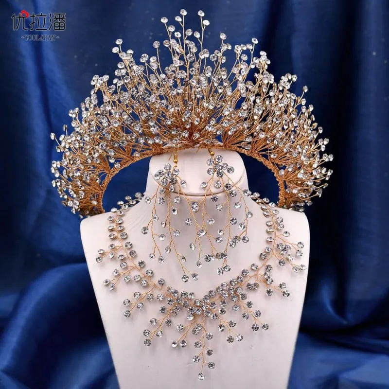 Bridal Headdress Crown Set with Colored Diamond Necklace and Earrings