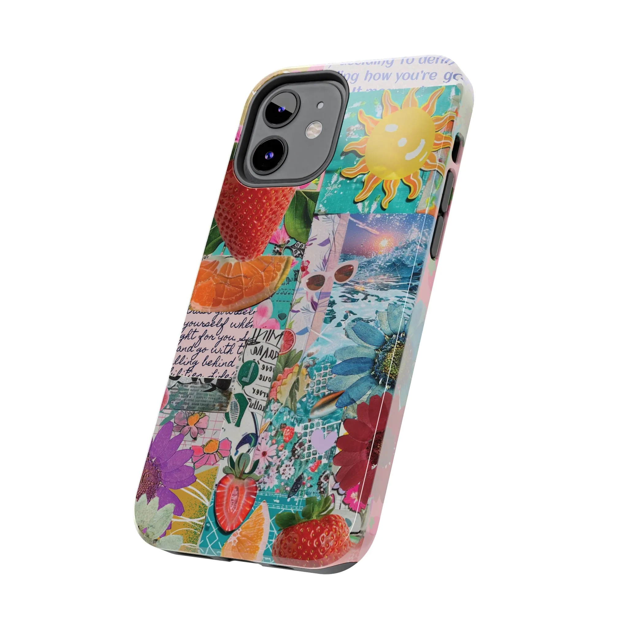 Colorful Mixed Patterns Collage iPhone Case, Strawberry and Sun Aesthetic Print, Vibrant Protective Phone Cover, Collage iPhone Case, Chic Artsy Protective Cover, Protective Case for iPhone Models, Tough iPhone Case