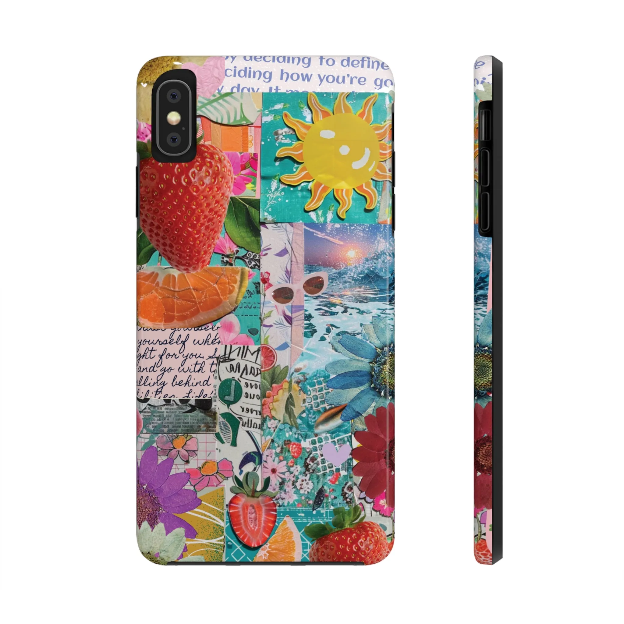 Colorful Mixed Patterns Collage iPhone Case, Strawberry and Sun Aesthetic Print, Vibrant Protective Phone Cover, Collage iPhone Case, Chic Artsy Protective Cover, Protective Case for iPhone Models, Tough iPhone Case