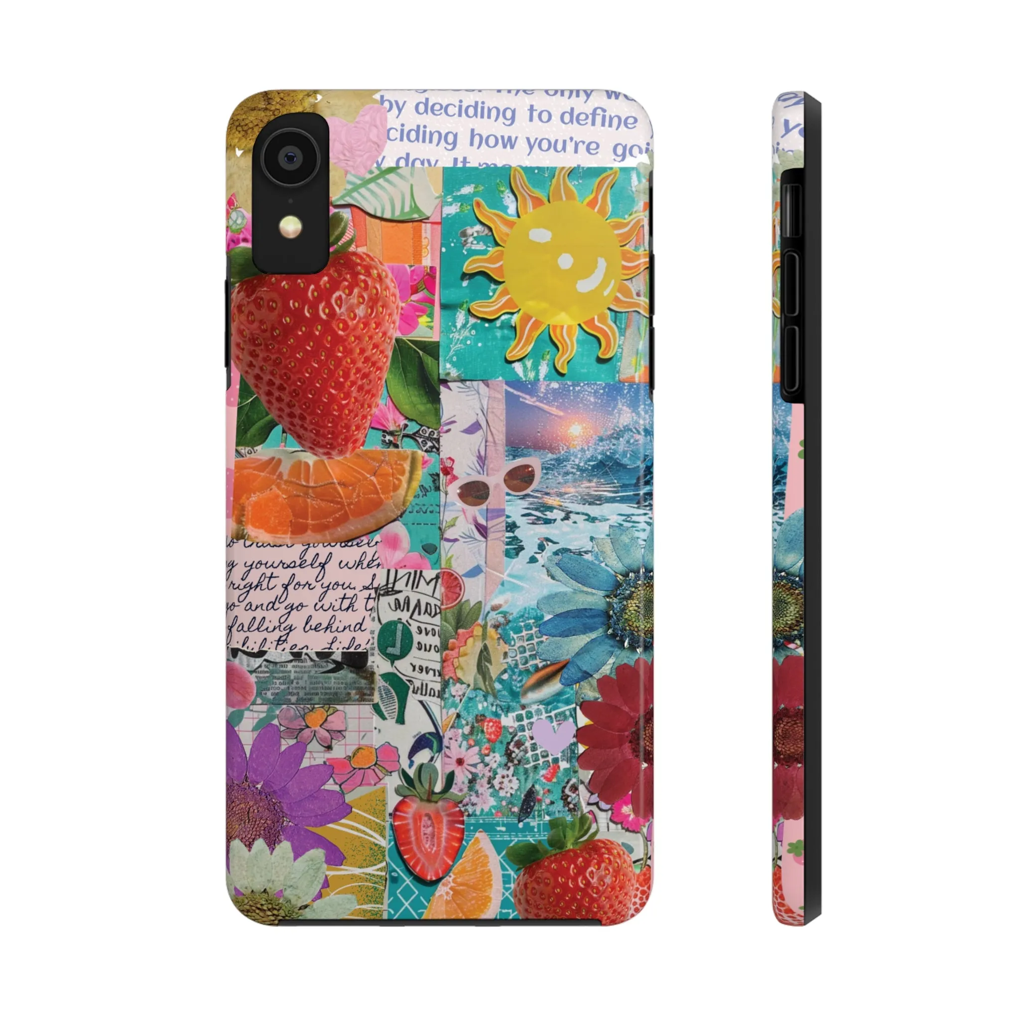 Colorful Mixed Patterns Collage iPhone Case, Strawberry and Sun Aesthetic Print, Vibrant Protective Phone Cover, Collage iPhone Case, Chic Artsy Protective Cover, Protective Case for iPhone Models, Tough iPhone Case