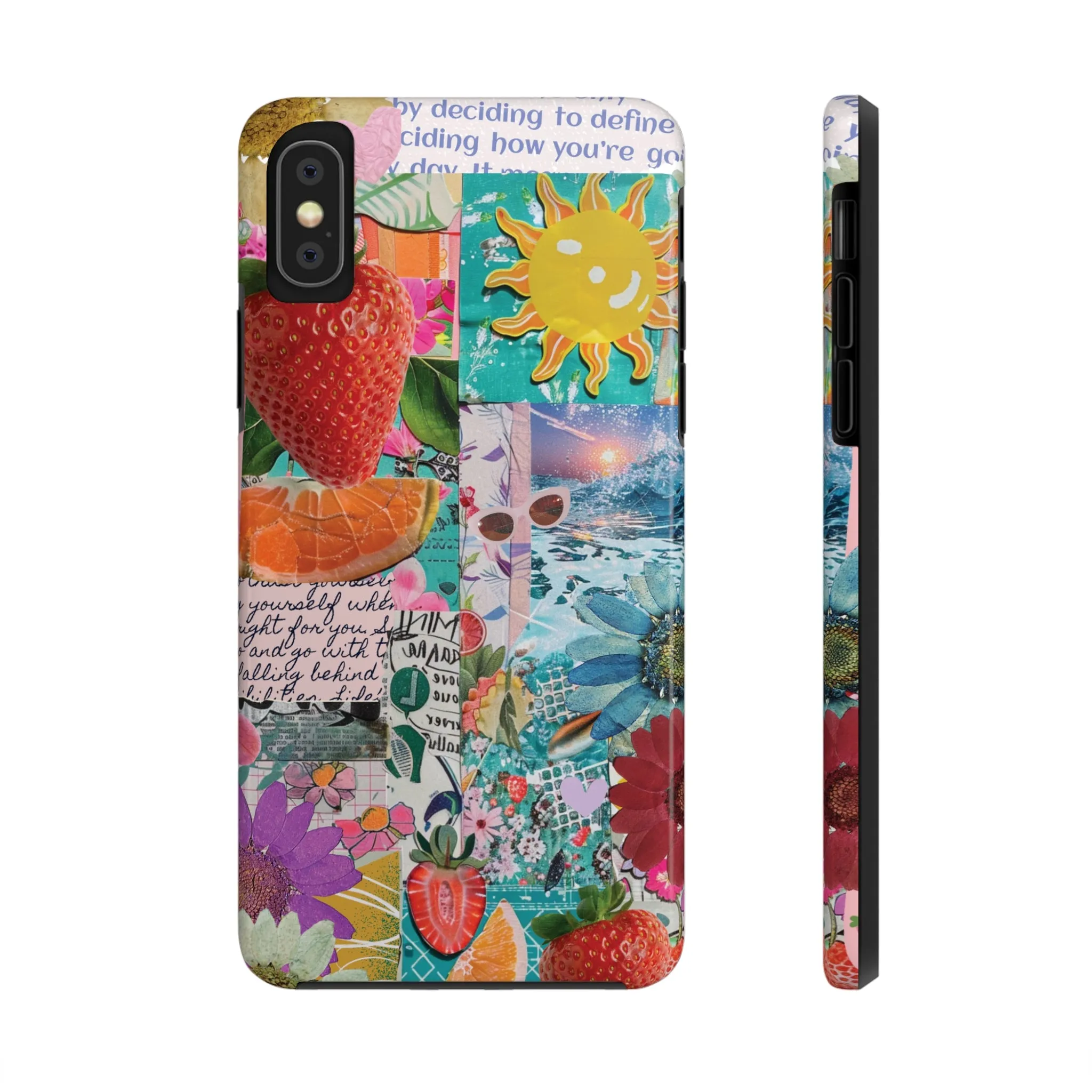 Colorful Mixed Patterns Collage iPhone Case, Strawberry and Sun Aesthetic Print, Vibrant Protective Phone Cover, Collage iPhone Case, Chic Artsy Protective Cover, Protective Case for iPhone Models, Tough iPhone Case