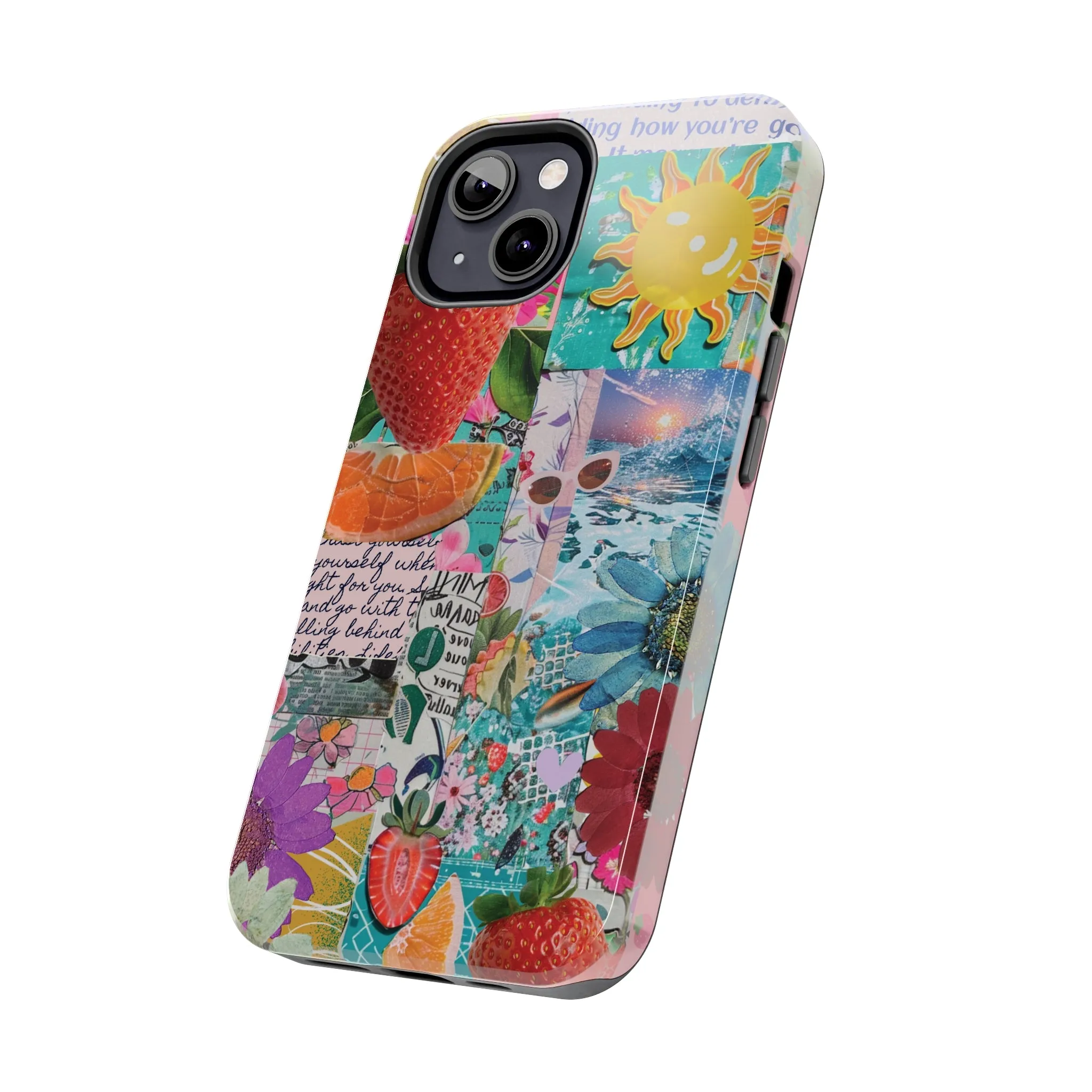 Colorful Mixed Patterns Collage iPhone Case, Strawberry and Sun Aesthetic Print, Vibrant Protective Phone Cover, Collage iPhone Case, Chic Artsy Protective Cover, Protective Case for iPhone Models, Tough iPhone Case