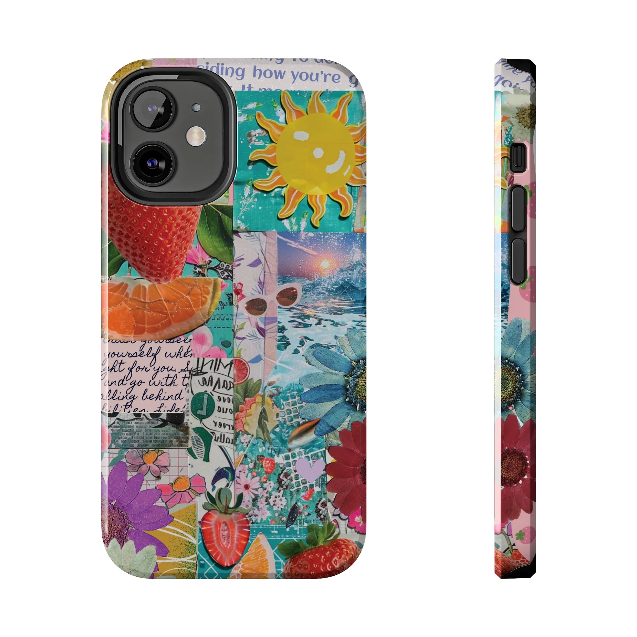 Colorful Mixed Patterns Collage iPhone Case, Strawberry and Sun Aesthetic Print, Vibrant Protective Phone Cover, Collage iPhone Case, Chic Artsy Protective Cover, Protective Case for iPhone Models, Tough iPhone Case