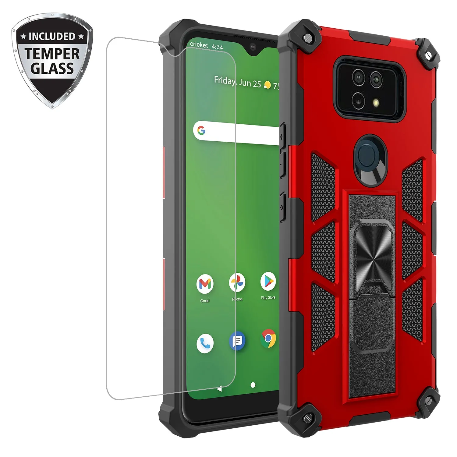 Cricket Ovation 2 Case ,AT&T Maestro Max Case [Military Grade] Ring Car Mount Kickstand Hybrid Hard PC Soft TPU Shockproof Protective Case - Red