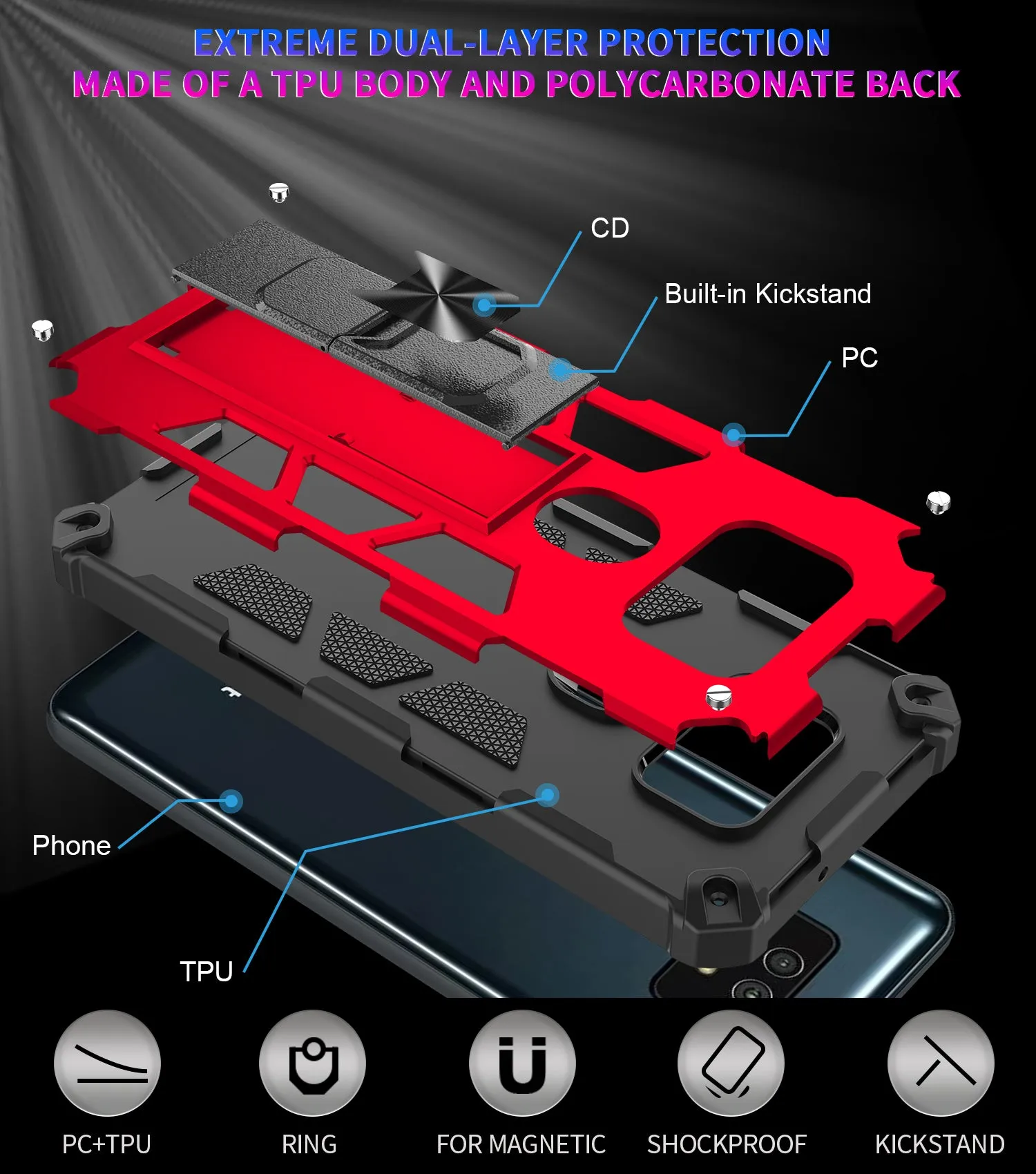 Cricket Ovation 2 Case ,AT&T Maestro Max Case [Military Grade] Ring Car Mount Kickstand Hybrid Hard PC Soft TPU Shockproof Protective Case - Red