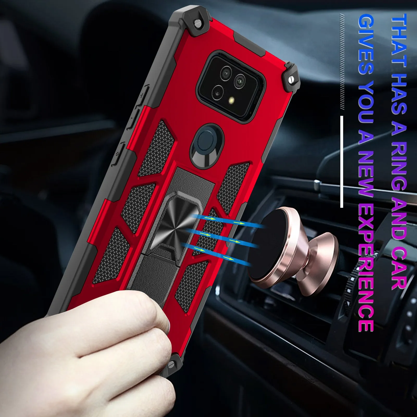 Cricket Ovation 2 Case ,AT&T Maestro Max Case [Military Grade] Ring Car Mount Kickstand Hybrid Hard PC Soft TPU Shockproof Protective Case - Red