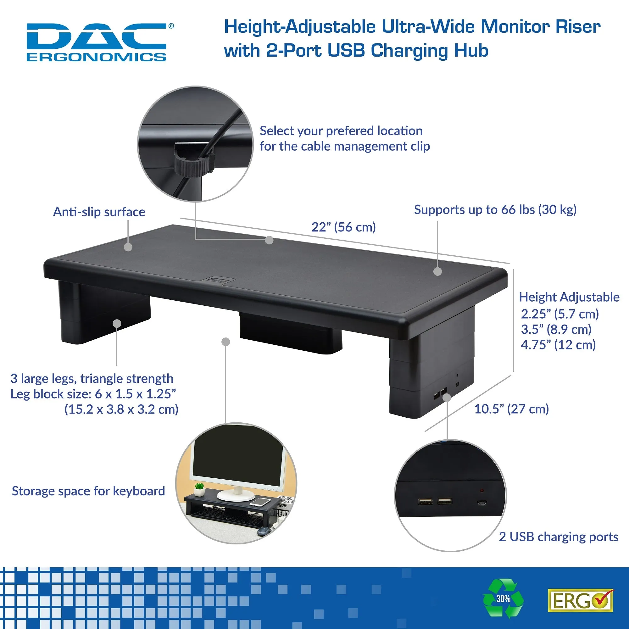 DAC® Stax™  MP-212 Height-Adjustable Ultra-Wide Monitor/Laptop Stand with 2-USB Ports, Black