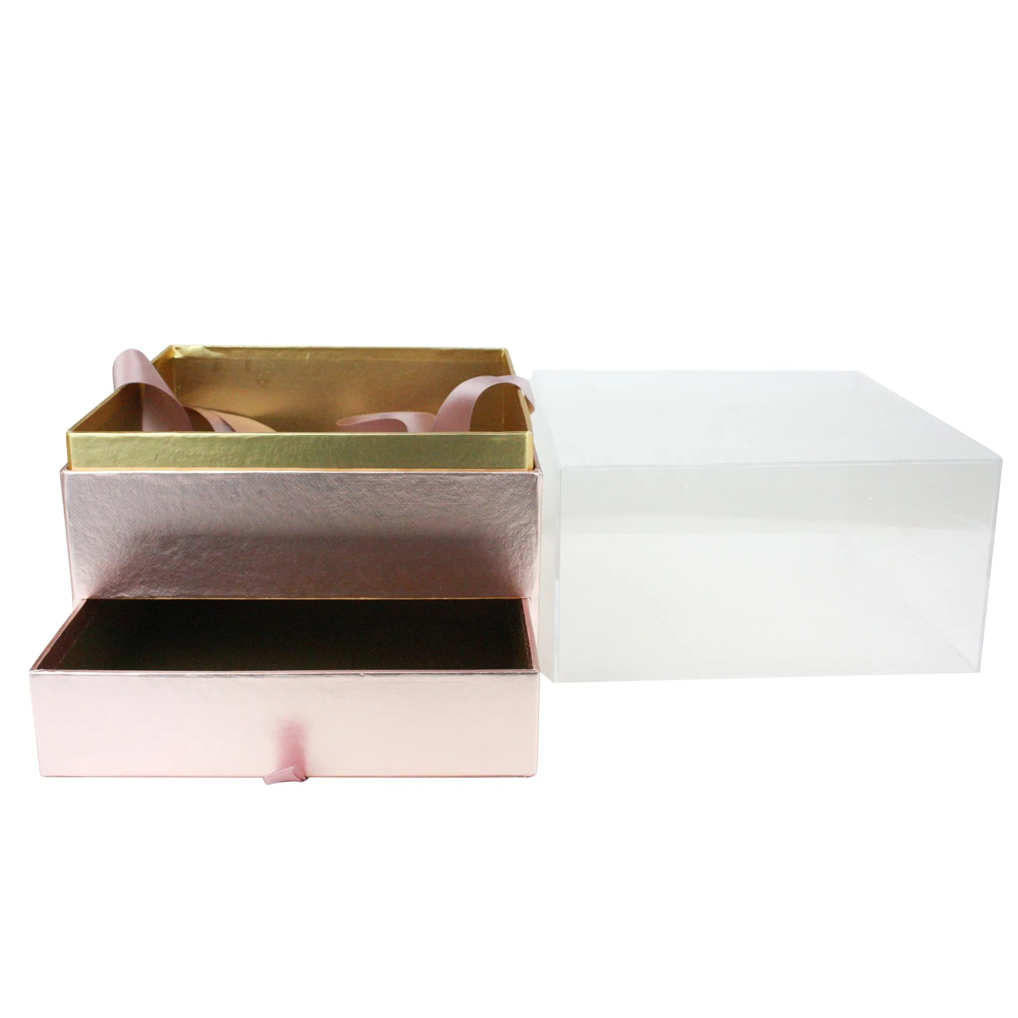 Elegant Clear Lid Gift Box with Ribbon and Drawer for Special Occasions - Pink/Gold