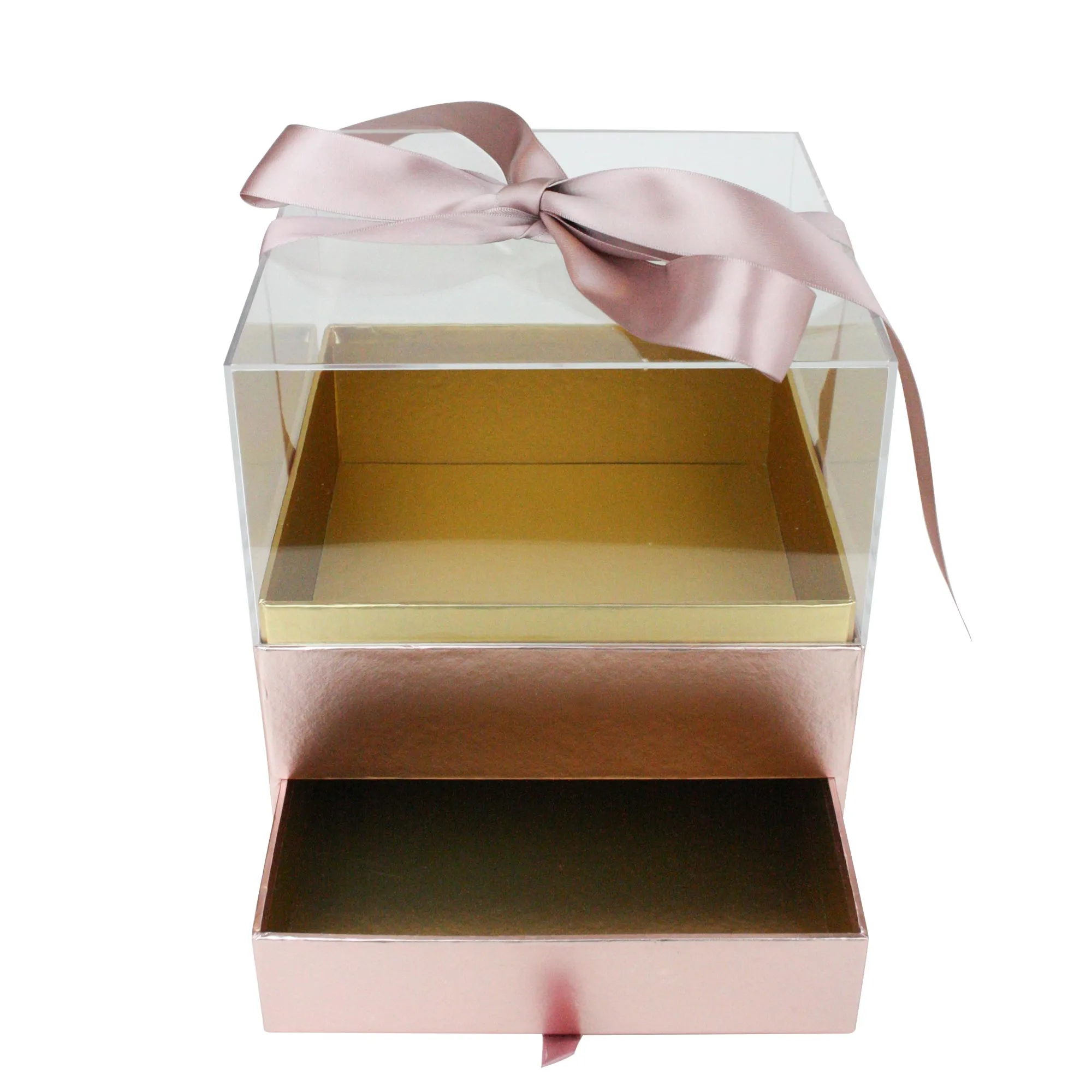 Elegant Clear Lid Gift Box with Ribbon and Drawer for Special Occasions - Pink/Gold