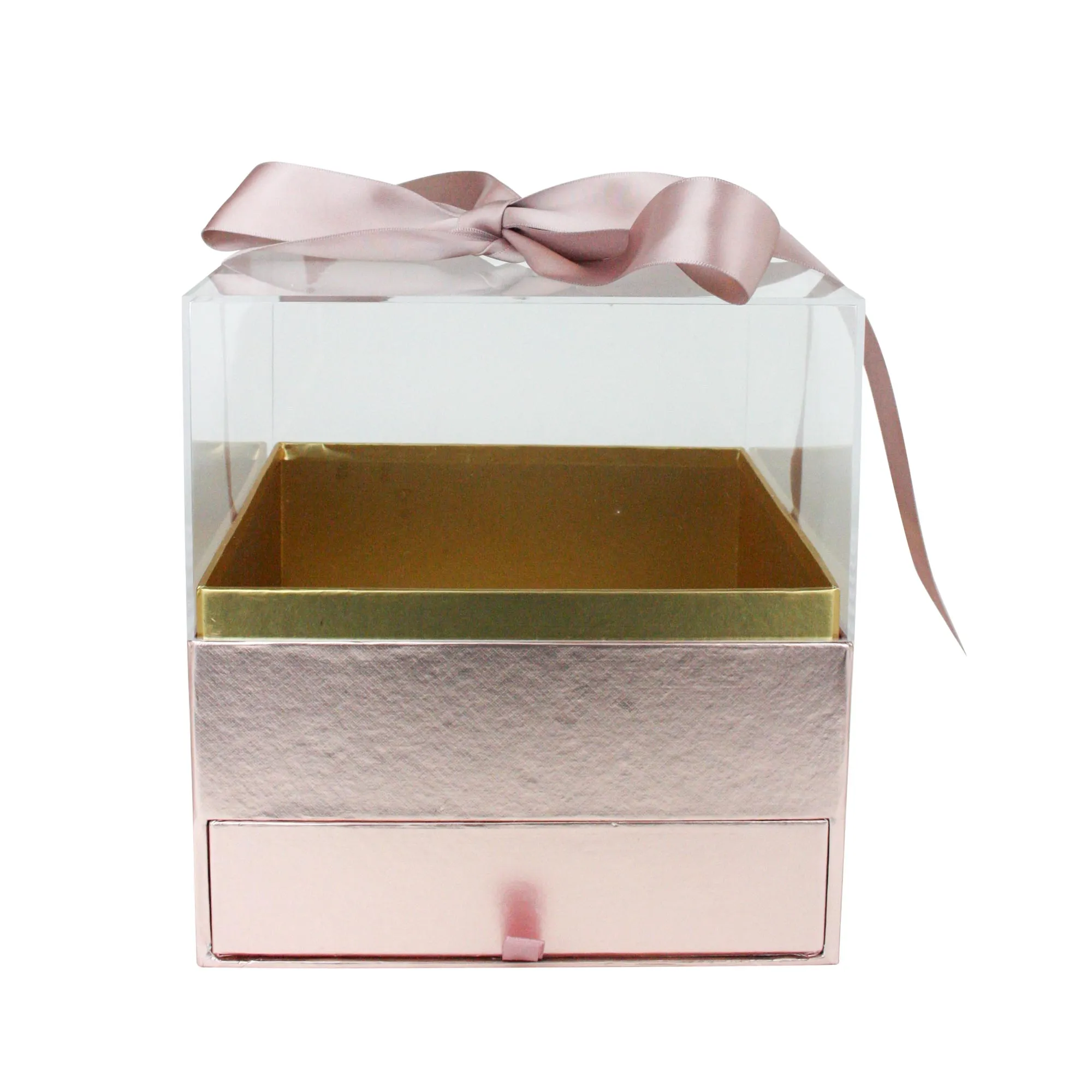 Elegant Clear Lid Gift Box with Ribbon and Drawer for Special Occasions - Pink/Gold