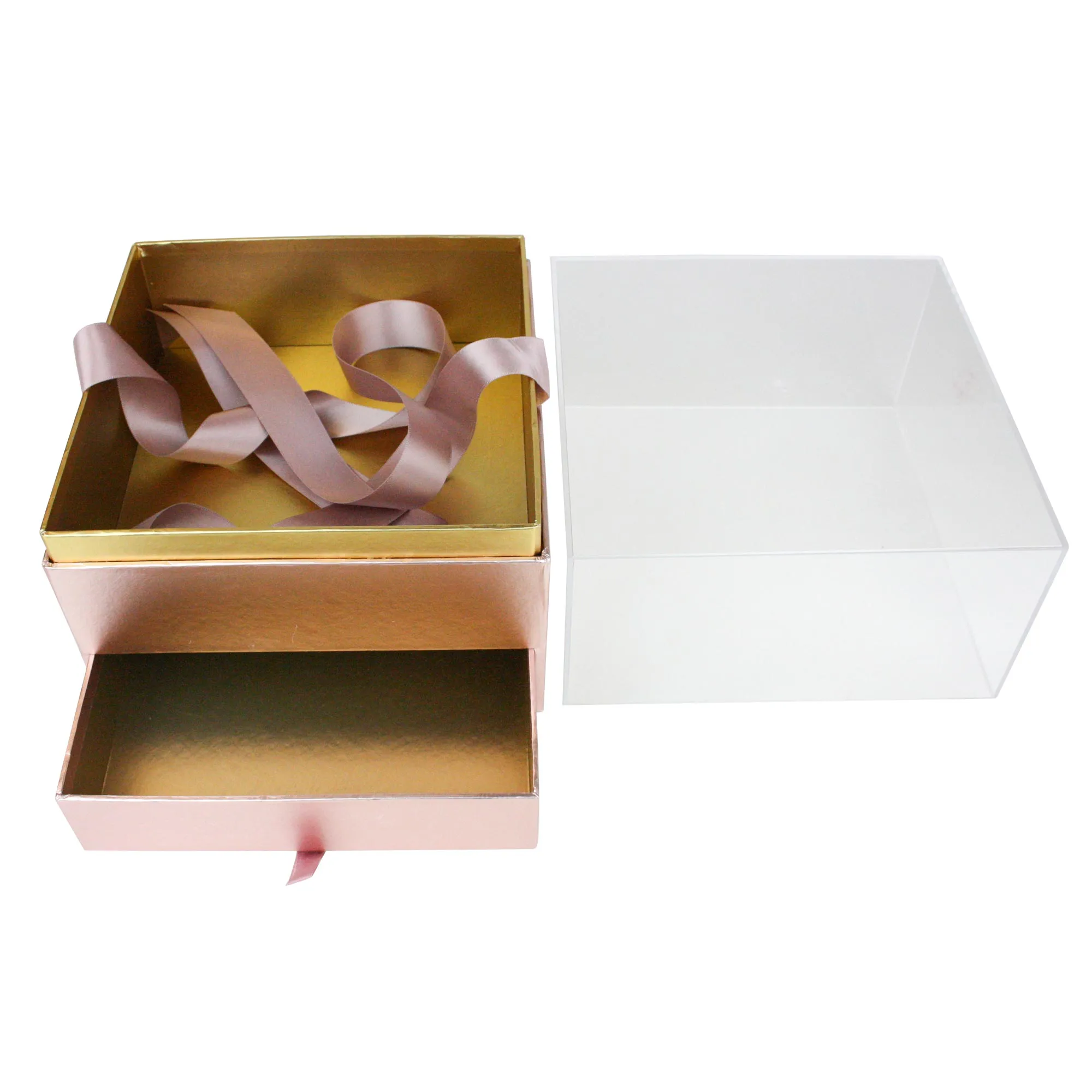 Elegant Clear Lid Gift Box with Ribbon and Drawer for Special Occasions - Pink/Gold