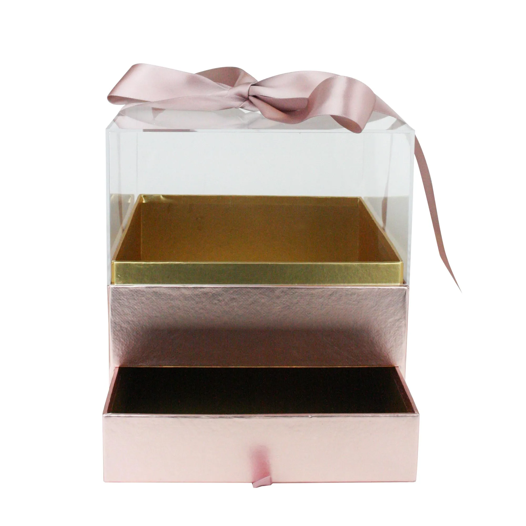 Elegant Clear Lid Gift Box with Ribbon and Drawer for Special Occasions - Pink/Gold