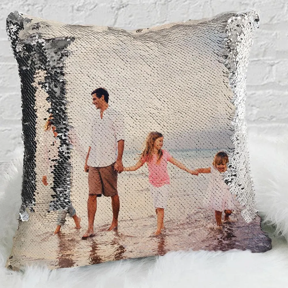 Family Custom Magic Photo Sequin Pillow Case | Personalized Reversible Mermaid Sequin Throw