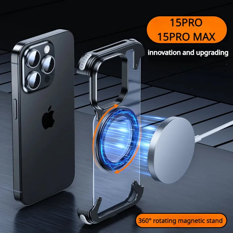 Frameless Aluminum Metal Phone Case With 360° Magnetic Rotation Bracket with 4 Corners Bumper For iPhone 15