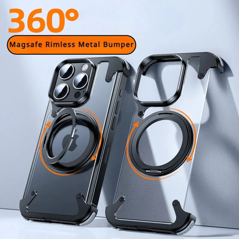 Frameless Aluminum Metal Phone Case With 360° Magnetic Rotation Bracket with 4 Corners Bumper For iPhone 15