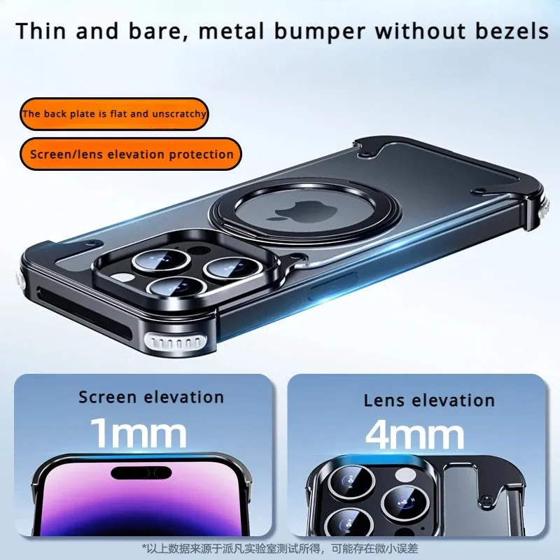 Frameless Aluminum Metal Phone Case With 360° Magnetic Rotation Bracket with 4 Corners Bumper For iPhone 15