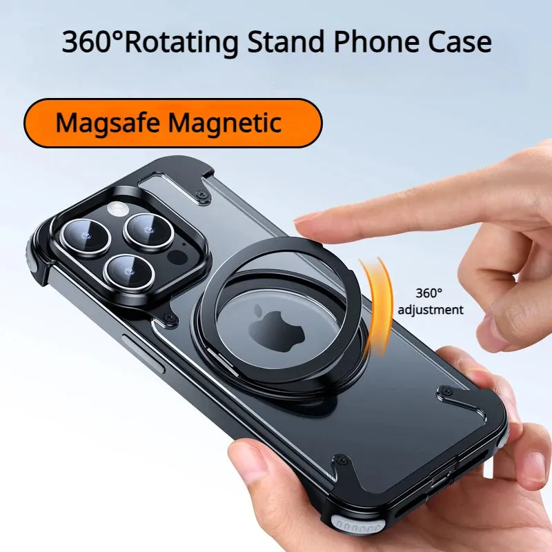 Frameless Aluminum Metal Phone Case With 360° Magnetic Rotation Bracket with 4 Corners Bumper For iPhone 15