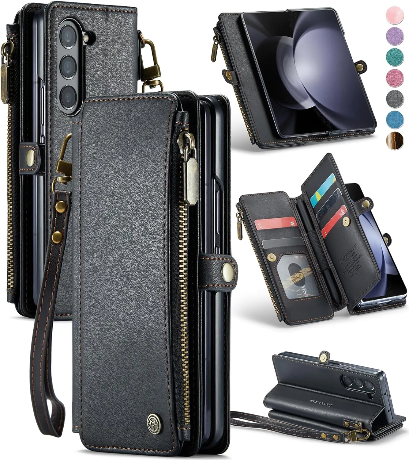 Galaxy Z fold 5 Case, Z fold 5 Pen Holder Slot  Wristlet PU Leather Case