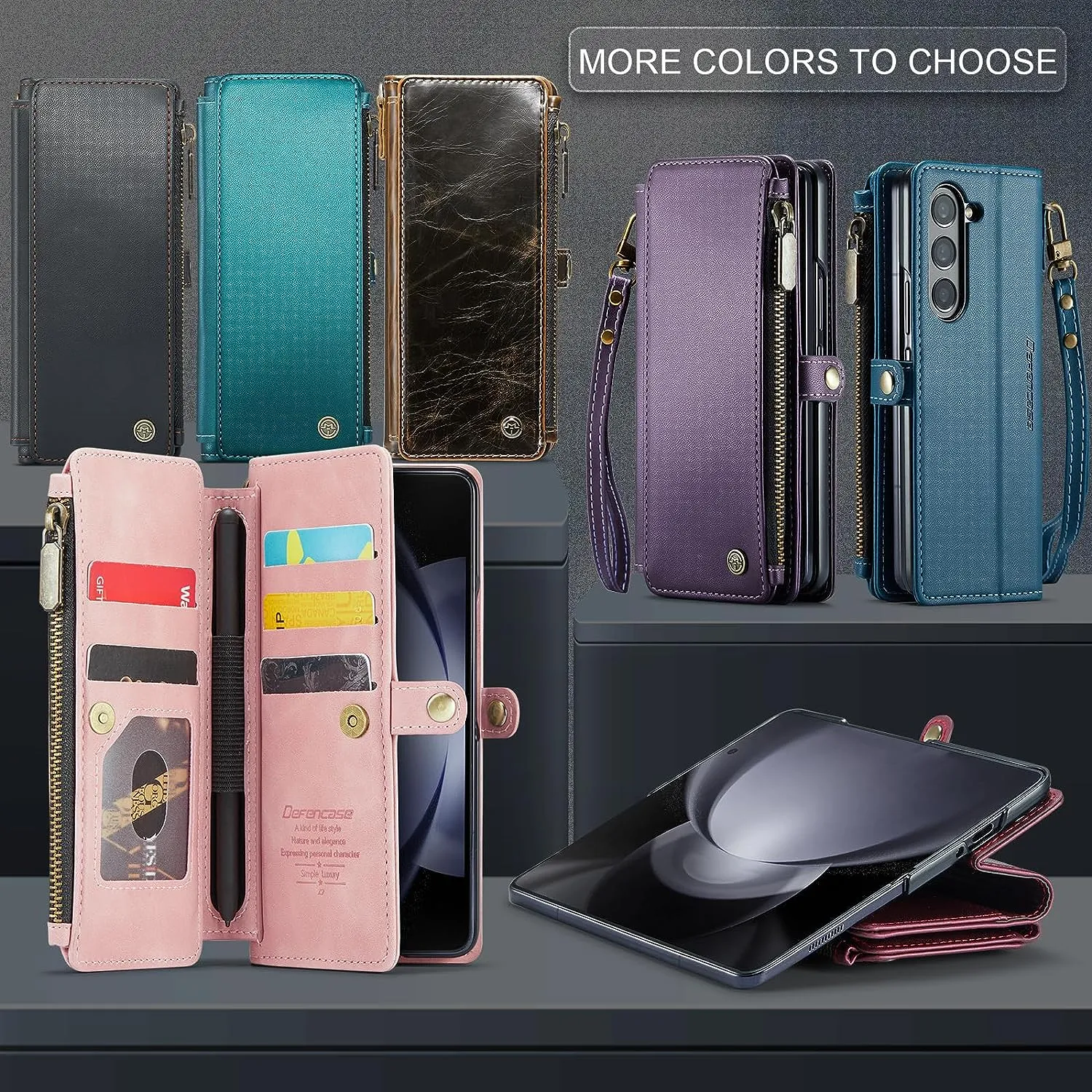 Galaxy Z fold 5 Case, Z fold 5 Pen Holder Slot  Wristlet PU Leather Case